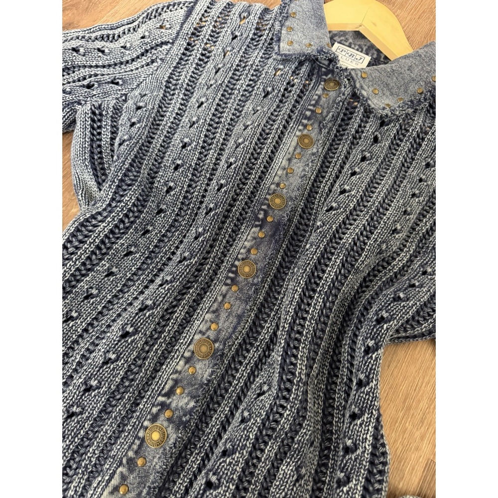 Vintage PBJ Blues Women's Blue Cable Knit Cardigan Denim Collar Studded